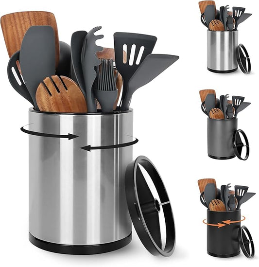 Nigelia Extra Large Kitchen Utensil Holder, 360° Rotating Stainless Steel Cooking Utensil Holder for Countertop, 3 Compartment Flatware Organizer & Cooking Caddy with Removable Base（Silvery）