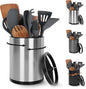 Nigelia Extra Large Kitchen Utensil Holder, 360° Rotating Stainless Steel Cooking Utensil Holder for Countertop, 3 Compartment Flatware Organizer & Cooking Caddy with Removable Base（Silvery）