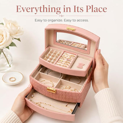 Elegant 3 Layer Lockable Jewelry Box for Women – Mirrored Jewelry Organizer with Key & Drawer, Travel Friendly PU Leather Storage Case,Gift for Wife, Mom, Daughter (Pink)