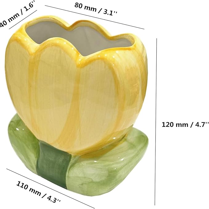 1 PC Ceramic Tulip Make up Brush Holder Flower Toothbrush Holder Cosmetic Storage Box Pen and Pencil Holder Desktop Organizers (Yellow)