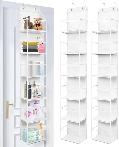2 Packs Over The Door Organizer - 6-Shelf Hanging Storage Organizer with Clear Plastic Pockets - Large Capacity Pantry Storage Shelf for Bathroom, Bedroom, Nursery (White)