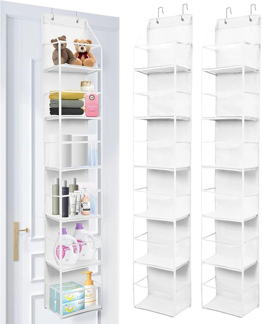 2 Packs Over The Door Organizer - 6-Shelf Hanging Storage Organizer with Clear Plastic Pockets - Large Capacity Pantry Storage Shelf for Bathroom, Bedroom, Nursery (White)