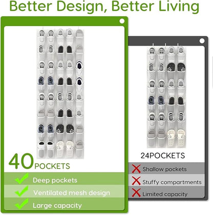 40 Over the Door Shoe Organizer Large Breathable Mesh Pocket Clear White Hanging Shoe Rack for Closet Behind Door Hanger Storage Holder 40-Pocket Over the Door Shoe Organizer
