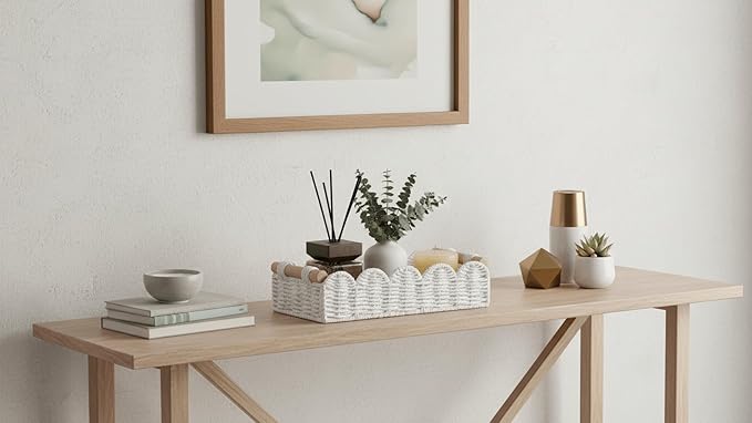 CubesLand Toilet Paper Storage Basket Organizer, Small Wicker Toilet Tank Top Decorative Baskets for Countertop, Handwoven Scalloped Basket w/handle for Home Decor, Living Room, Bedroom, White