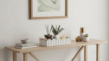 CubesLand Toilet Paper Storage Basket Organizer, Small Wicker Toilet Tank Top Decorative Baskets for Countertop, Handwoven Scalloped Basket w/handle for Home Decor, Living Room, Bedroom, White