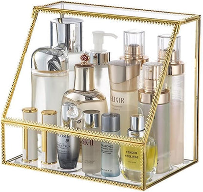 YUEHUA Makeup Organizer Glass Makeup Holder Bathroom Countertop Vanity Cosmetic Organizer for Lipsticks Skincare Toner Storage