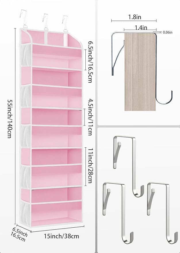TAHAVICE Pink Over the Door Organizer - 5-Tier Hanging Storage with Clear PVC Windows & 10 Mesh Pockets, Cute Closet Organizer for Makeup, Perfume, Toys, Perfect Pink Room Decor for Girl