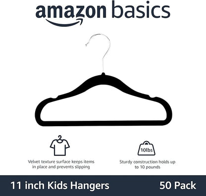 Amazon Basics Kids Space Saving Velvet Non-Slip Clothes Hangers with Shoulder Notches for Infant and Toddler, 11.6", Black, 50-Pack