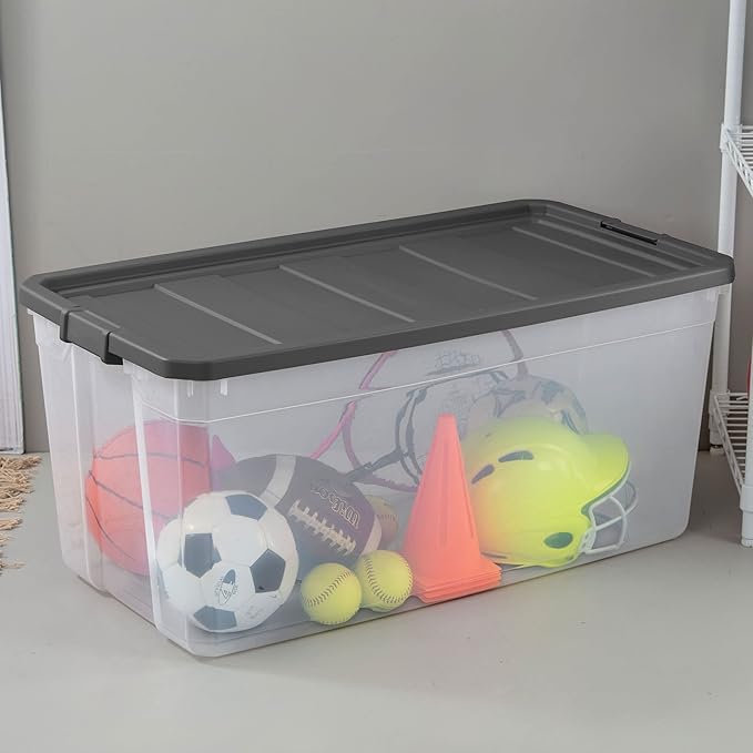 Sterilite 200 Quart Clear Plastic Modular Stacker Storage Bin Tote Container with Latching Lid, Clear Base, and Textured Sure-Grip Surface, Flat Grey