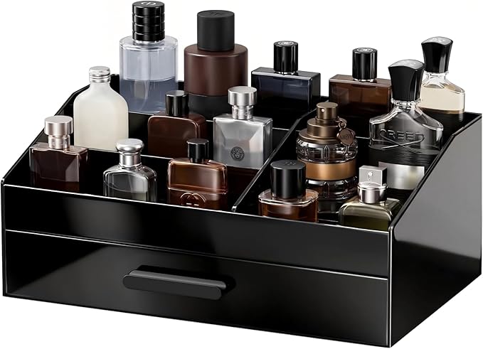 ProCase Cologne Organizer with Drawer, Acrylic Perfume Holder & Bathroom Countertop Organizer for Men & Women, Dresser Vanity Storage for Cologne, Perfume and Skincare -1 Layer