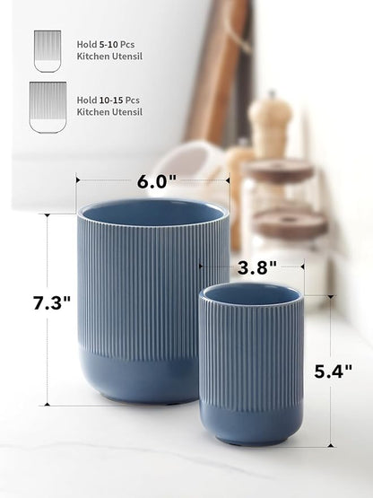 LE TAUCI Utensil Holder for Kitchen Counter, 7.3"+5.4" Fluted Ceramic Utensil Crock Organizer for Countertop, Heavy Large Holder for Spatulas, Spoons, Set of 2, Dusty Blue