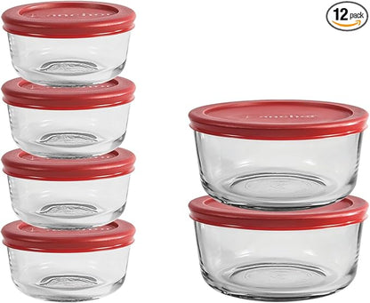 Anchor Hocking 12 Piece Glass Storage Containers with Lids (6 Glass Food Storage Containers & 6 Red SnugFit Lids)
