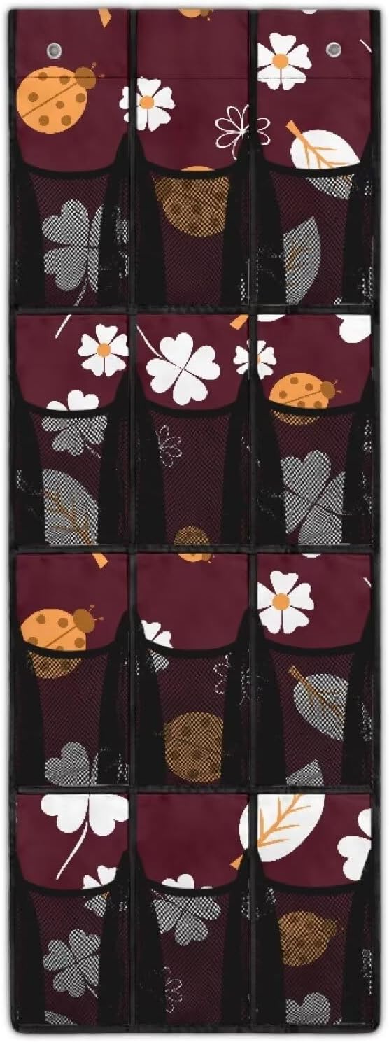 Ladybug Shoe Organizer Over The Door,Hanging Shoe Organizer,Over Door Shoe Organizer,Space Saving Hanging Storage Holder,Closet Rack Hanger with 12 Mesh Pockets for Home Decor