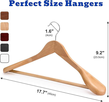 HOUSE DAY Wide Shoulder Wooden Hangers 12 Pack, Wood Suit Hangers for Men with Non Slip Pants Bar, Smooth Finish Solid Wood Coat Hanger for Jacket, Pants, Dress, Heavy Clothes Hangers (Natural)