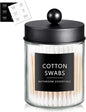 SheeChung Qtip Dispenser Holder 1pcs, Glass apothecary jars with Stainless Steel Lids &Stickers, Countertop Canister Guest Bathroom Storage Organizer Set for Cotton Swabs/Balls, Floss Picks(Black)