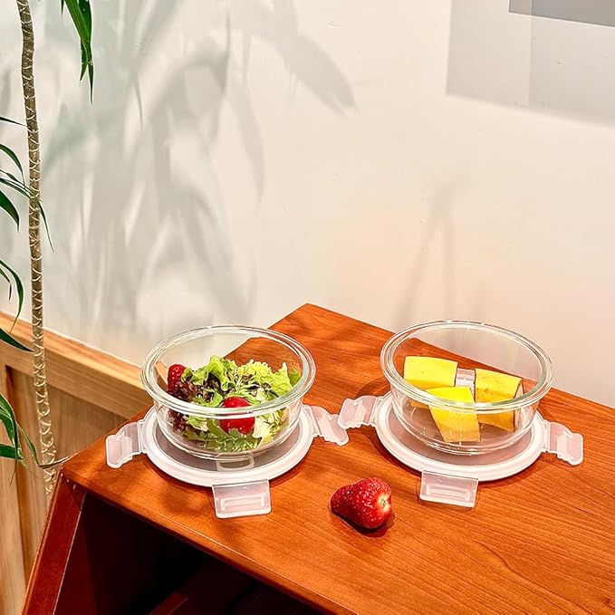 12oz Round Glass Food Containers With Lids, Small Round Glass Meal Prep Containers set,1.5 Cup Small Clear Food Storage Bowls BPA-Free, Microwave, Dishwasher, Freezer Safe（White）