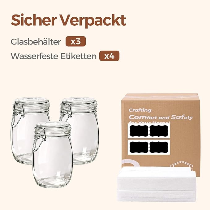 ComSaf 3-Pack 34oz Round Glass Apothecary Jars, Farmhouse Decor for Kitchen Counter Display, Airtight Cookie & Candy Jar for Coffee & Food Storage