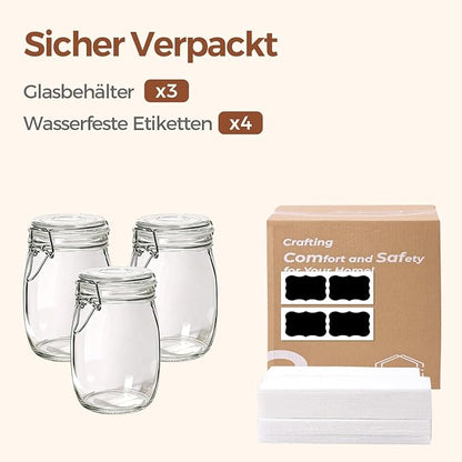 ComSaf 3-Pack 34oz Round Glass Apothecary Jars, Farmhouse Decor for Kitchen Counter Display, Airtight Cookie & Candy Jar for Coffee & Food Storage