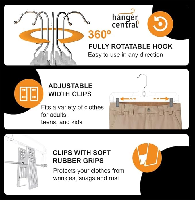 Premium 14 Inch Clear Pants Hangers with Adjustable Clips - 25 Pack Space-Saving Skirt Hangers - Non-Slip Heavy Duty Plastic Closet Organizers with 360° Swivel Hook