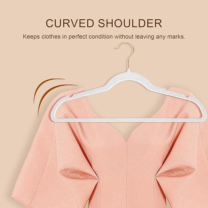 52 Packs Velvet Clothes Hangers, 17.3 Inches Non-Slip Skirt Hangers with Shoulder Notches, Space Saving Clothing Hangers for Adults, White with Gold Hook