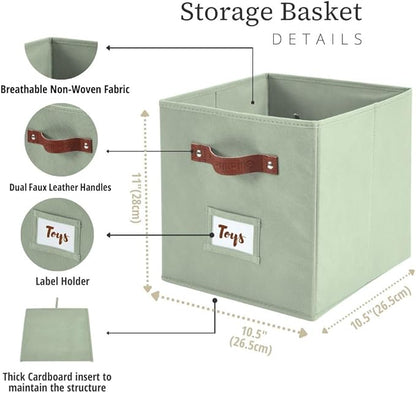 DECOMOMO Storage Bins, Cube Storage Bin with Labels, Fabric Storage Cubes for Shelves (10.5" x 11" / 2pcs, Sage Green)