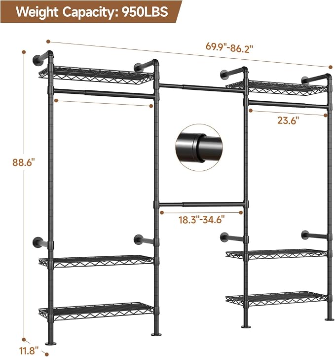 Wall-Mounted 3-Section Closet System, Expandable Industrial Pipe Clothing Rack with 4 Telescopic Rods & 6 Mesh Shelves, Heavy Duty Garment Organizer for Walk-In Closets & Bedrooms, Black