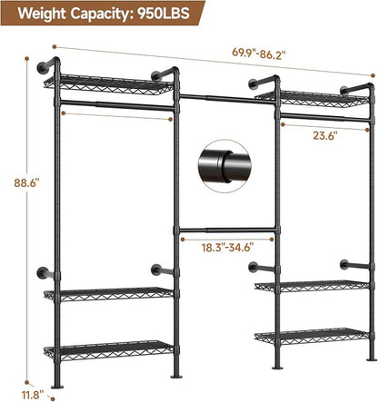 Wall-Mounted 3-Section Closet System, Expandable Industrial Pipe Clothing Rack with 4 Telescopic Rods & 6 Mesh Shelves, Heavy Duty Garment Organizer for Walk-In Closets & Bedrooms, Black