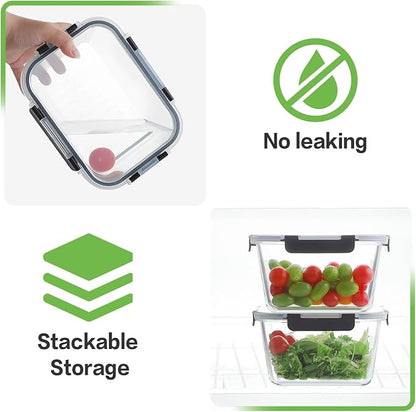 HOMBERKING 4 Pieces 63oz/8cup Large Glass Food Storage Containers with Lids, Meal Prep Containers, Airtight Bento Boxes with Leak Proof Locking (2 Containers + 2 Lids) - Microwave, Oven Safe