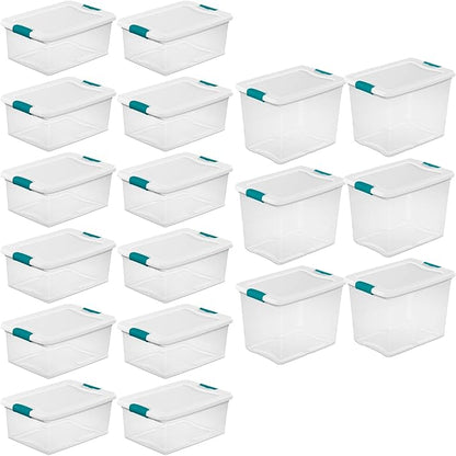 Sterilite 12 Pack 15-Quart & 6 Pack 25-Quart Storage Bins, Stackable Clear Plastic Totes w/ Latch Lids