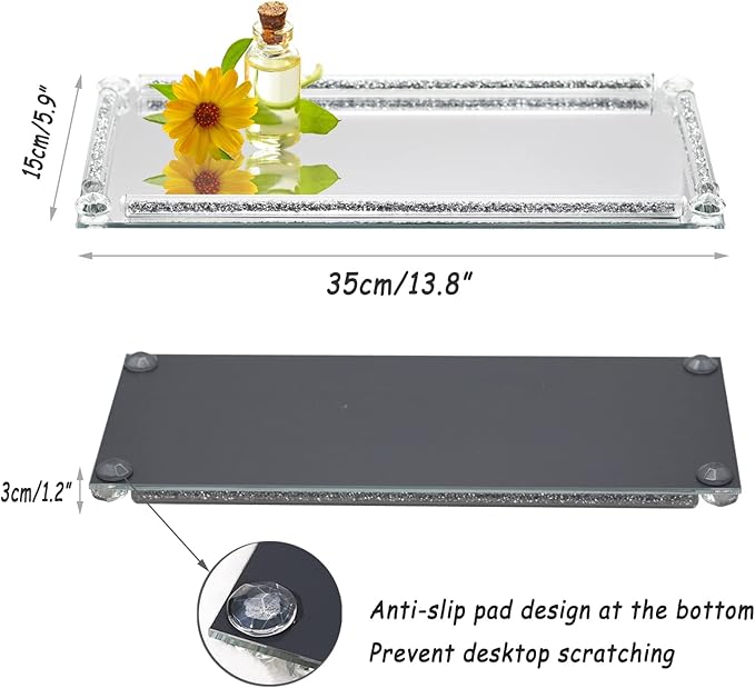 Glass Mirror Vanity Tray, 13.8" x 5.9" Crushed Diamond Silver Crystal Rectangular Perfume Makeup Display Tray, Jewelry Trinket Cupcake Holder for Home Decor Christmas Banquet Party Gift