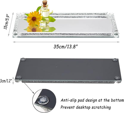 Glass Mirror Vanity Tray, 13.8" x 5.9" Crushed Diamond Silver Crystal Rectangular Perfume Makeup Display Tray, Jewelry Trinket Cupcake Holder for Home Decor Christmas Banquet Party Gift