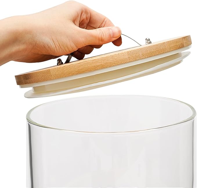 DYNAMI 5L/1.3Gal Glass Rice Dispenser with Airtight Lid,Glass Cereal Dispenser w/Bamboo Stand and Measuring Cup,Bamboo Lid with Thermometer & Silicone Seal Ring,for Kitchen Organization Pantry Store