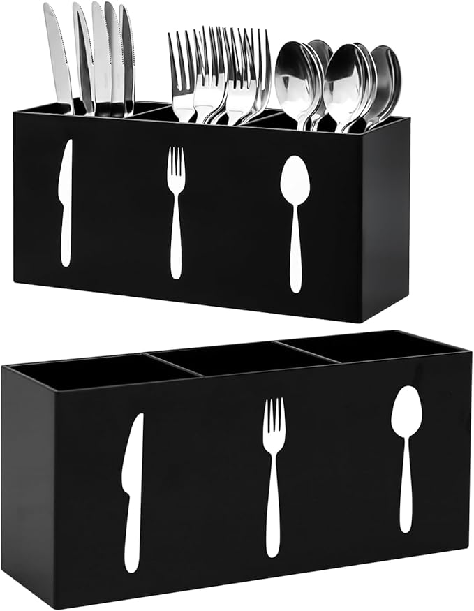Plastic Utensil Holder, Knife Fork and Spoon Holder Silverware Caddy, Acrylic Kitchen Cutlery Storage Box, Flatware Organizer for Countertop, Indoor Outdoor Party Tableware Holder (Black)