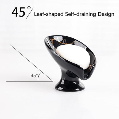 Soap Dish, Ceramic Soap Holder Self Draining Leaf Shape Bar Soap Holder, Marble Look Black Drain Soap Dish Holder for Bathroom, Easy to Clean Keeps Soap Dry, ANTIS'S HOME