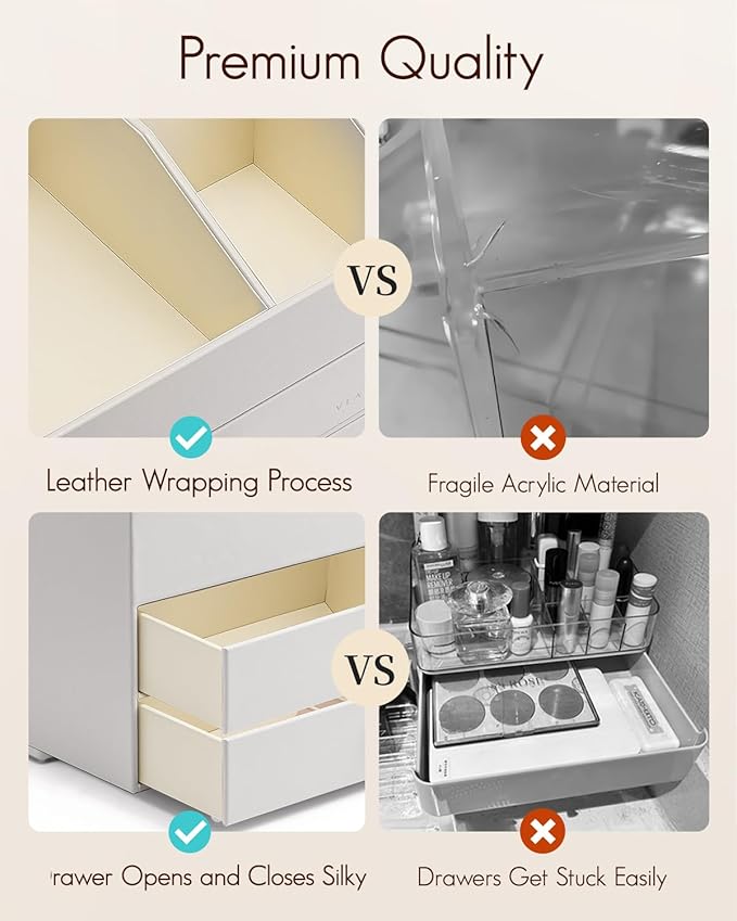 VLANDO Makeup Organizer for Vanity,Large Capacity Countertop Organizer with Drawers, PU Leather Cosmetic Display Case for Lipstick,Brushes,Skincare,Nail polish and Bedroom Storage (White)