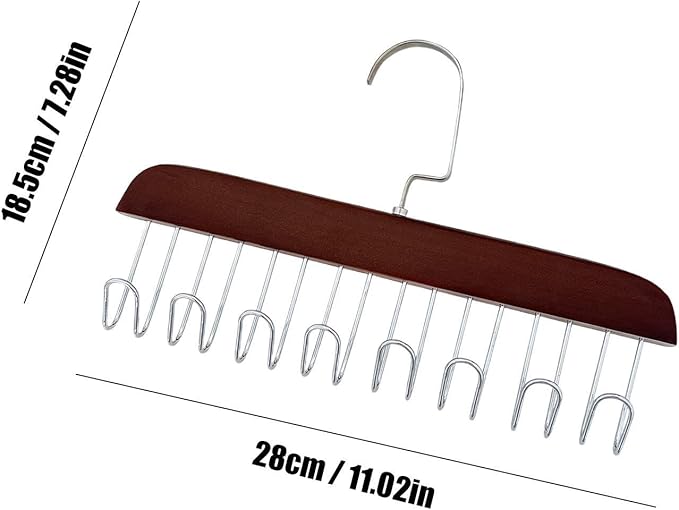 Wooden Belt Holder - Multifunctional Wooden Belt Hanger with 8 Metal Hooks - Wood Tie Scarf Rack Holder Hangers Organizer | for Hanging Belts,Tie,Scarves,neckties, Brown