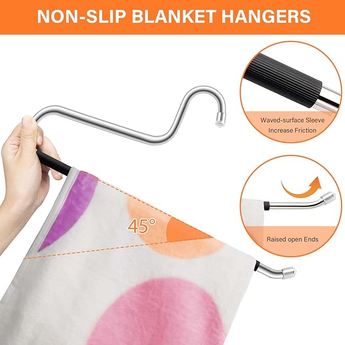 6 Pack Blanket Hanger,Non Slip Hangers Space Saving Stainless Steel Heavy Duty Hangers,Upgraded Closet Organizers and Storage Pants Hanger for Table Cloths,Comforters,Bath Towels,Rugs Sleeping Bags