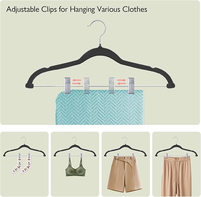 ManGotree Pants Hangers with Movable Clips, Non-Slip Velvet Skirt Hangers, Space-Saving Clothes Hangers for Pants, Skirts, Shirts, Coats, Dresses (32 Pack, Black)