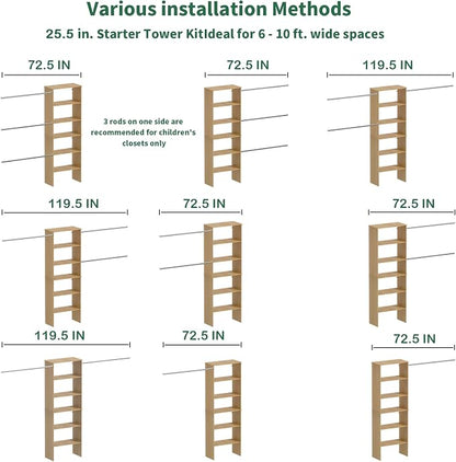 Closet System, 22.5" Wide Organizer with 3 Hanging Rods, Wood Tower Storage for Walk In Closets, Wall Mounted Wardrobe Organizer Kit, Bedroom, Fit Space 6-10 ft