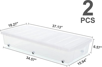 Citylife 2 Packs 57 QT Plastic Under Bed Storage Bins with Double-opening Lids Clear Underbed Storage Containers with Wheels for Organizing Shoes, Blankets, Clothes