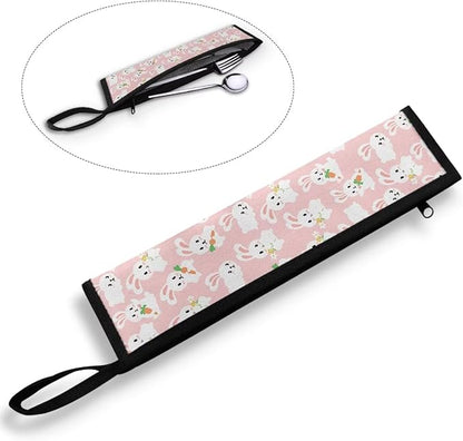 Cute Bunny Print Reusable Travel Tableware Carrying Bag Storage Case Cutlery Flatware Organziers for Straw Spoon Fork Chopsticks Portable Utensil Holder