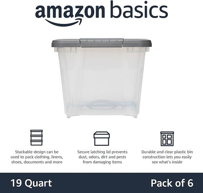 Amazon Basics Plastic Storage Containers with Secure Latching Lids, Stackable Organization Bins, Clear/Grey, 19 Quart, Set of 6
