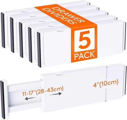 Lifewit 5 Pack 4" High Drawer Dividers 28-43.5cm/11-17" Adjustable Drawer Organizer for Clothes/Utensils, Expandable Drawer Separator in Dresser/Kitchen/Bedroom/Office Organization & Storage White