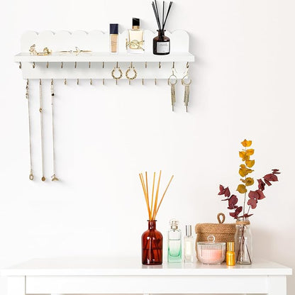 Wall Mount Jewelry Organizer with 26 Hooks and Cosmetics Shelf, Modern Wood Hanging Jewelry Holder for Necklaces, Bracelets, Earrings and Rings, White