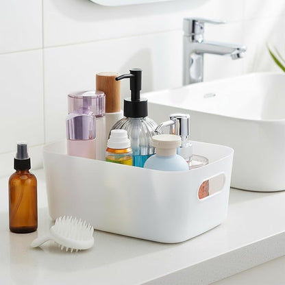 8 Pack White Plastic Storage Bins Multi-Use Small Organizer Bins Containers with Handles for Pantry, Cabinet, Under Sink, Kitchen, Bathroom & Office, 2 Sizes