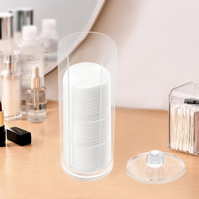 Acrylic Cotton Rounds Holder with Lid for Vanity, Facial Makeup Remover Pads Organizer, Clear Round Cosmetic Storage Display Cases