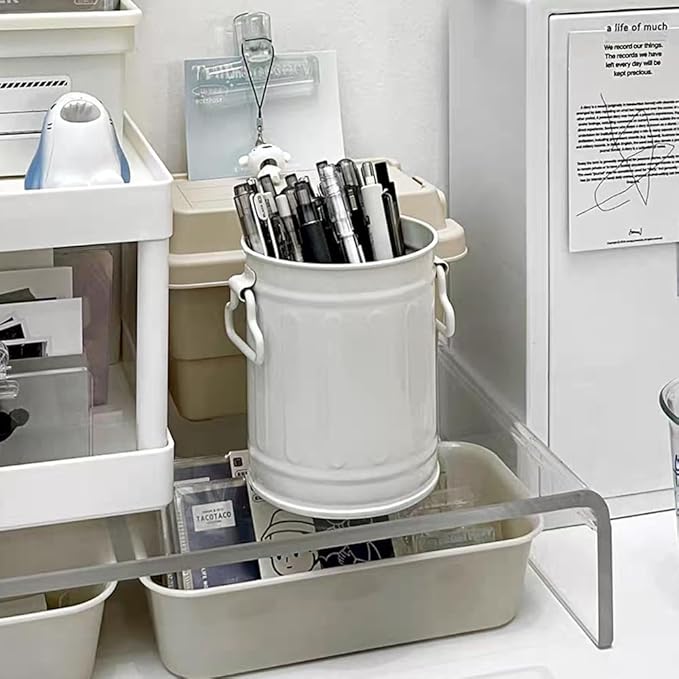 OULIGET Desktop Metal Makeup Brush Holder Organizer,Pen Storage Container Office Desk Trash Can,Storage Pen Holder Storage Tank Vase with 2 Handles