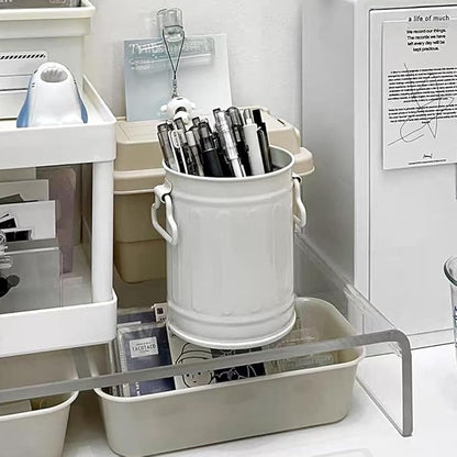 OULIGET Desktop Metal Makeup Brush Holder Organizer,Pen Storage Container Office Desk Trash Can,Storage Pen Holder Storage Tank Vase with 2 Handles