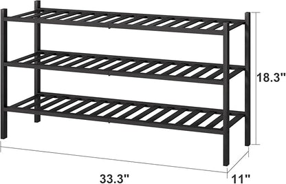 viewcare 3-Tier Long Black Shoe Rack, Bamboo Wood Shoe Rack for Closet, Entryway & Hallway, Stackable | Functional | Sturdy