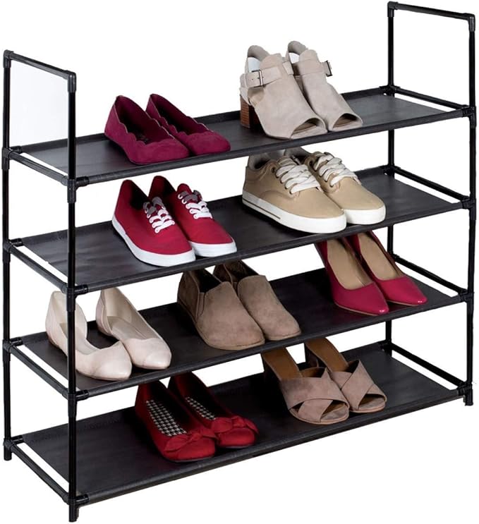 J&V TEXTILES Stackable Shoe Storage and Organizer Racks 4-Tier 6-Tier Over The Door or Stackable (Black 4-Tier)